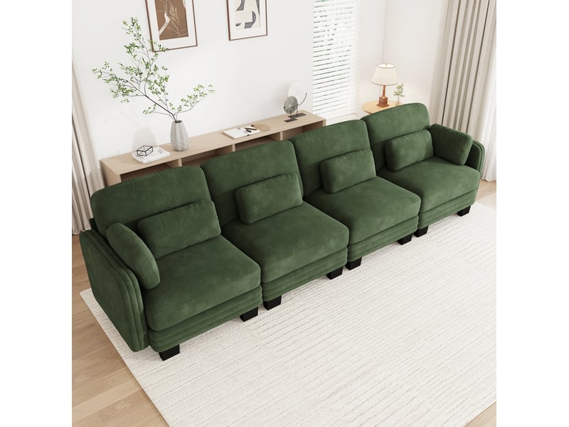 Canapé droit modulable 4 places 330x88x88 cm en chenille vert avec coussins - Conforama D