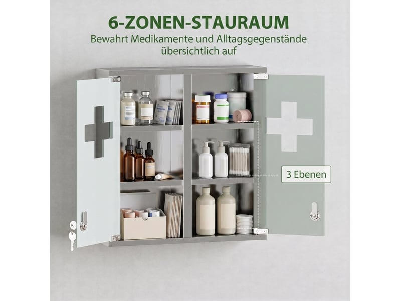  Armoire à pharmacie murale verrouillable 46x12x48 cm, 6 niveaux, 2 clés, métal, argent  - Conforama D