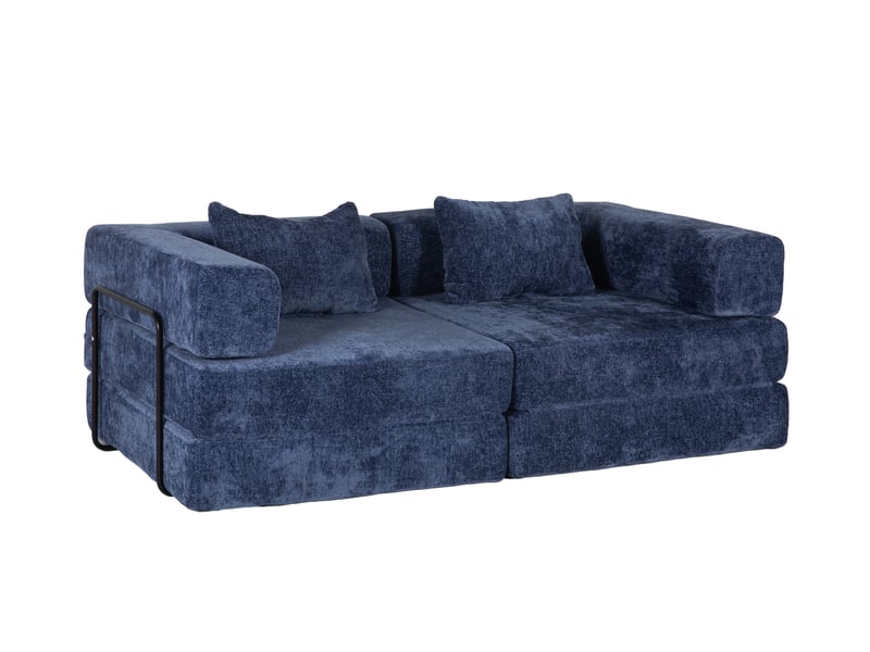 Canapé convertible au sol 2 places modulable, sans montage, avec accoudoirs rabattables en chenille bleu foncé - Conforama A
