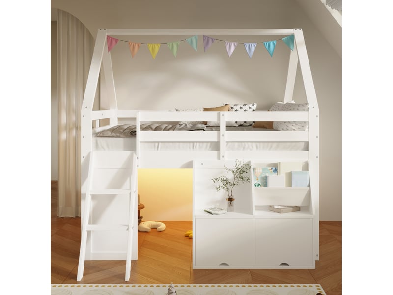 Lit mezzanine enfant modenvie maison avec échelle, led, rangements, mdf et pin, blanc 140 x 200 cm  - Conforama D