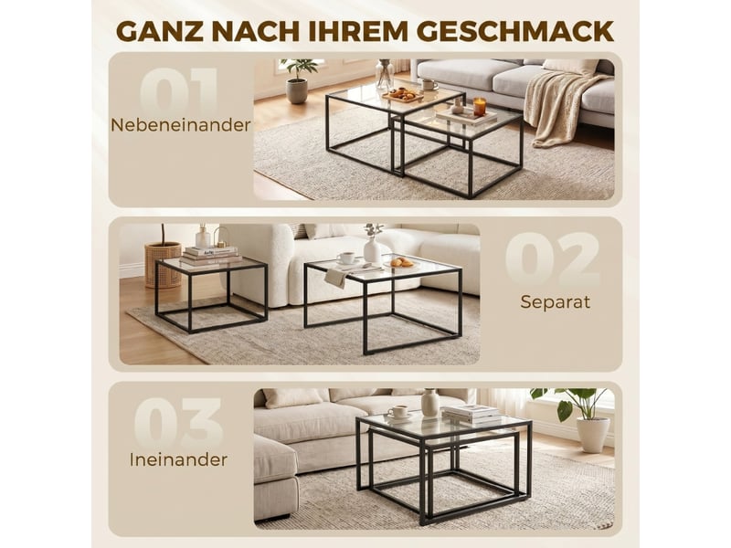  Tables basses gigognes lot de 2 en verre trempé et métal avec pieds réglables pour salon noires  - Conforama C