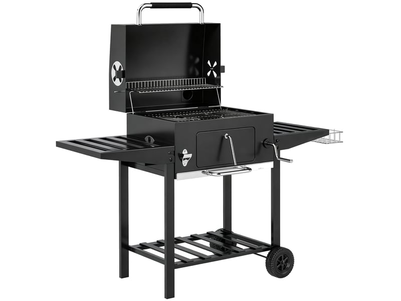  Barbecue à charbon sur roulettes avec grille réglable, thermomètre et tables pliantes  - Conforama B