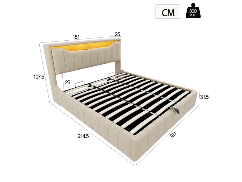  Lit coffre 180 × 200 cm 2 places avec rangement, led, usb et usb-c, sans matelas, tissu beige  - Conforama D