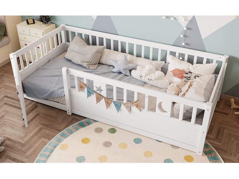  Lit enfant blanc 90x190 cm – barrières de sécurité et décor étoiles et lune  - Conforama E