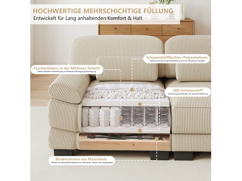  Canapé modulable 4 places 336x88,5x94 cm, grand format, coussins lombaires, connecteurs velours côtelé beige  - Conforama E