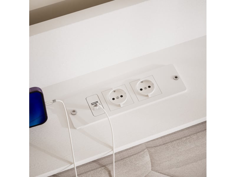 Lit rembourré 140 × 190 cm 2 places avec led, usb, rangement sous le lit, sans matelas, blanc  - Conforama E
