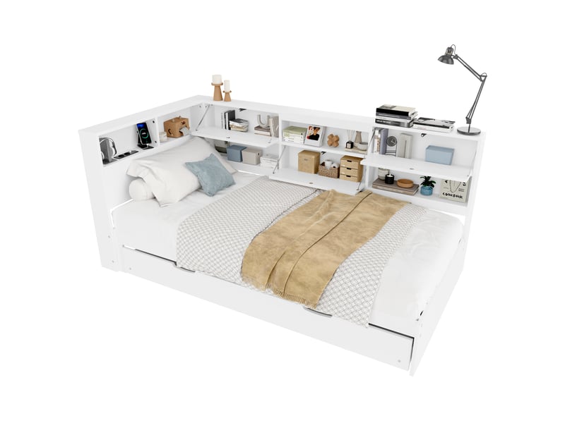  Lit banquette 90x200 cm avec lit gigogne blanc 90x190 cm - rangement tête de lit et ports usbtype-c  - Conforama A