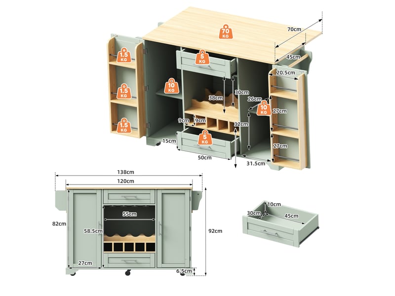 Desserte îlot de cuisine sur roulettes avec plateau rabattable mdf vert  - Conforama C