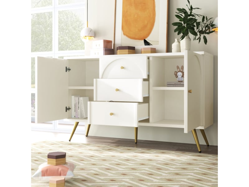  Commode 2 portes et 3 tiroirs avec étagère réglable - beauniv - pour chambre et salon, bois et métal, blanc crème, 140×40×84 cm  - Conforama C