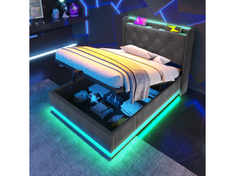  Lit coffre 90x200 cm, rangement hydraulique, éclairage led, usb et usb-c, tête de lit avec rangement pour chambre - gris  - Conforama B