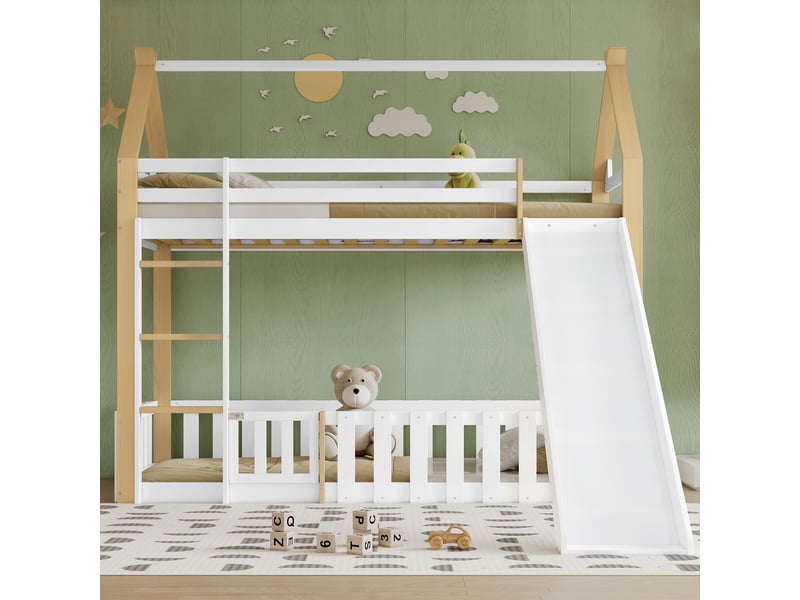  Lit mezzanine 90x200 cm - lit combiné enfant avec toboggan, échelle et barrière de sécurité - avec rangement - bois blanc et naturel  - Conforama C