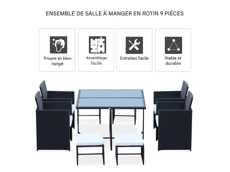  Salon de jardin 8 personnes en résine tressée et métal noir  - Conforama D