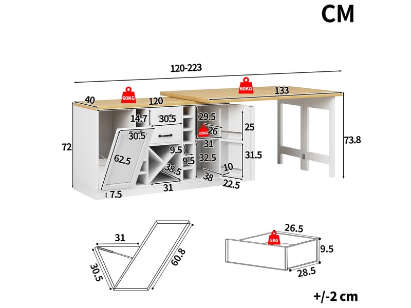 Îlot de cuisine pivotant à 360° avec rangements, 120 à 223 cm, blanc - Conforama E