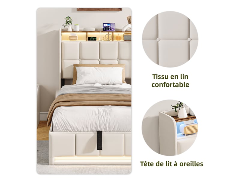  Lit enfant coffre 90x200 cm avec rangements, lit simple, tête de lit à ailes avec niche intégrée, tissu lin beige, sans matelas  - Conforama R