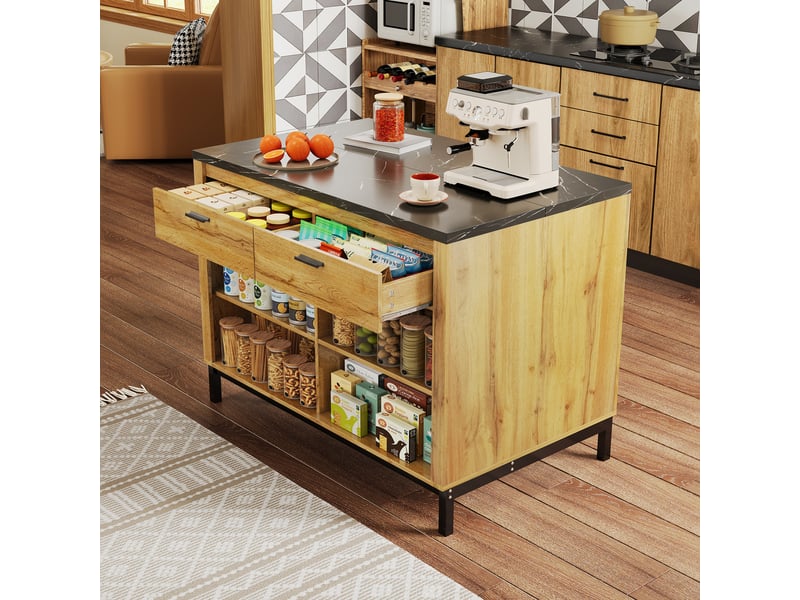  Îlot de cuisine 120cm avec 2 tiroirs et 4 étagères, table de bar style rustique en bois de chêne et marbre noir, meuble de rangement  - Conforama D