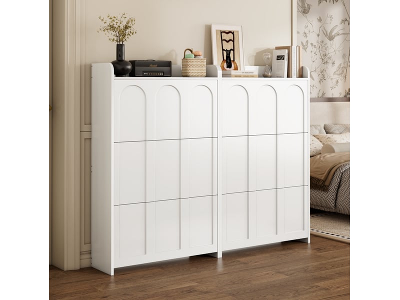  Meuble à chaussures avec 6 portes abattantes et 12 compartiments pour entrée en mdf blanc 140 × 25 × 120 cm  - Conforama D
