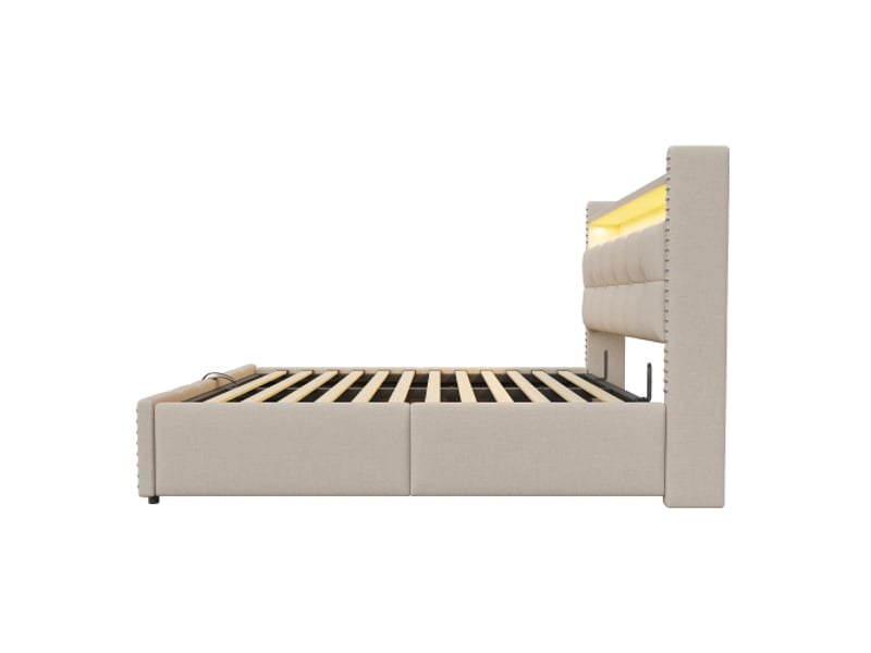 Lit capitonné 180x200 cm led usb, tête de lit avec rangements et étagères, vérins hydrauliques, lin beige - Conforama D