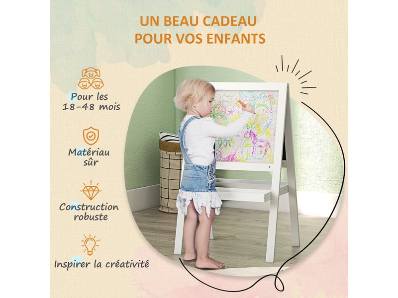  Tableau chevalet enfant 2 en 1 face ardoise magnétique et tableau face noir à craie blanc  - Conforama R