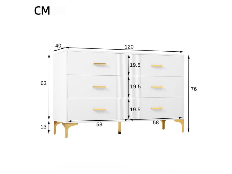  Commode 6 tiroirs, avec motif texturé ondulé et poignées en métal, l120 x h76 x p40 cm, coloris blanc  - Conforama C