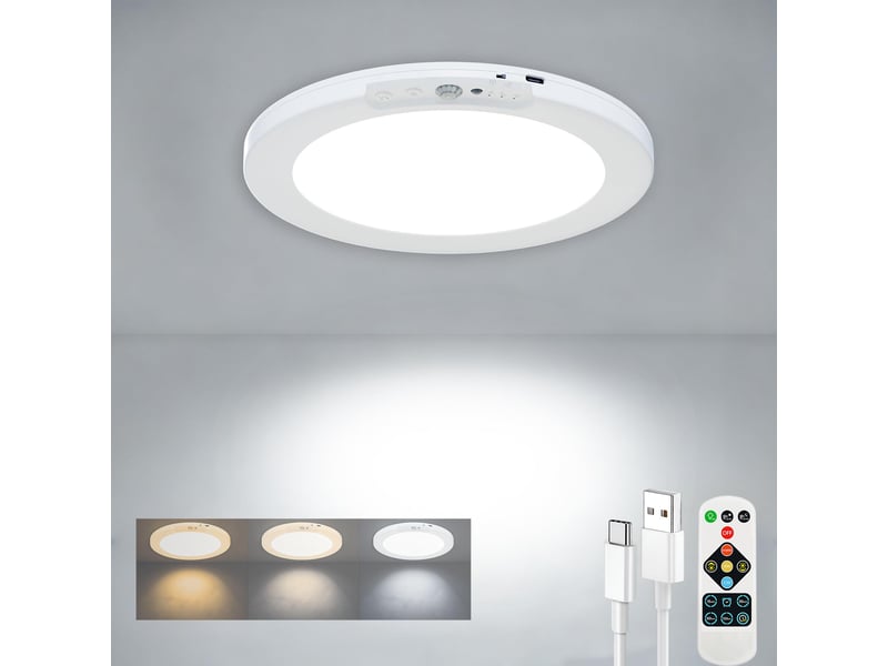  Plafonnier led rechargeable sans fil à détection de mouvement, 8000 mah, 3 températures de couleur, télécommande, 19 cm  - Conforama A