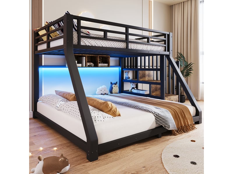  Lit superposé 140x200 cm avec escalier de rangement led et garde corps lit enfant en métal noir BUYDEEMEUS - Conforama C