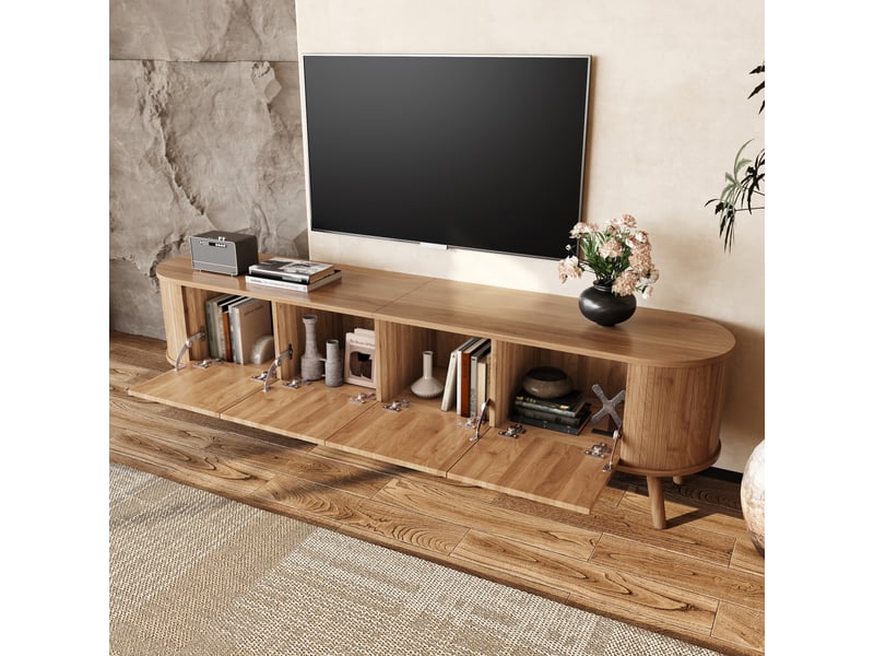  Meuble tv avec 4 portes abattantes pour salon 180×38×47 cm en mdf et panneaux de particules chêne  - Conforama C