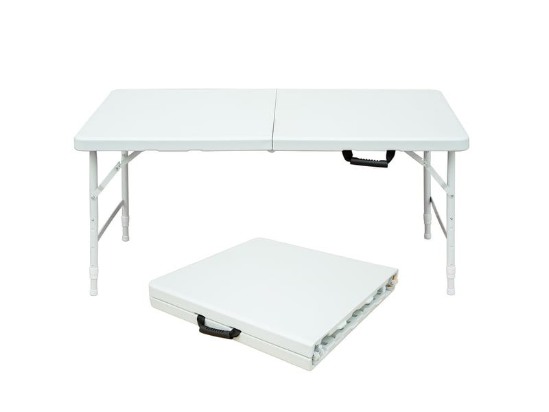  Table pliante d'extérieur 125x61 cm blanche en plastique et fer, hauteur réglable avec poignée de transport  - Conforama A