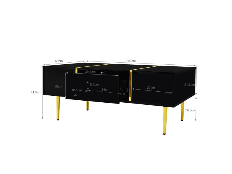 Table basse 100x60x41,5 cm avec 2 tiroirs, pieds et détails en métal doré, structure en mdf à finition brillante, noir ABC - Conforama C