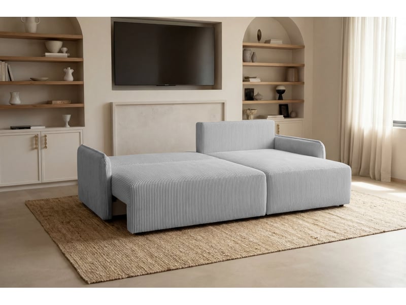  Sacha - canapé d'angle convertible petit velours côtelé 3 places gris clair  - Conforama E