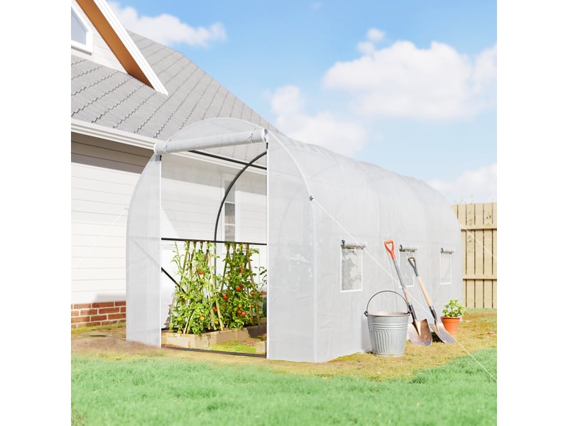  Serre tunnel 3,5x2x2 m, portesfenêtres enroulement, 5 supports diagonaux, métalpe, légumesfleurs, blanche.  - Conforama C