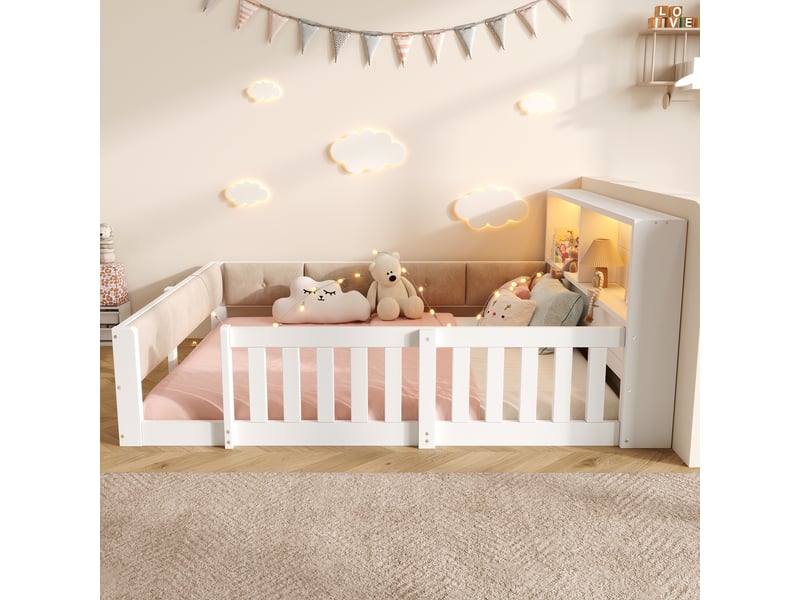  Lit enfant 140x200 cm avec barrières, côtés rembourrés, led, style minimaliste, blanc evarich - Conforama E