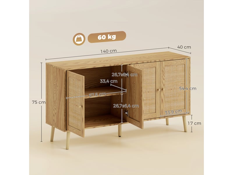  Buffet 4 portes avec étagères réglables coloris naturel 140 x 40 x 75 cm  - Conforama C