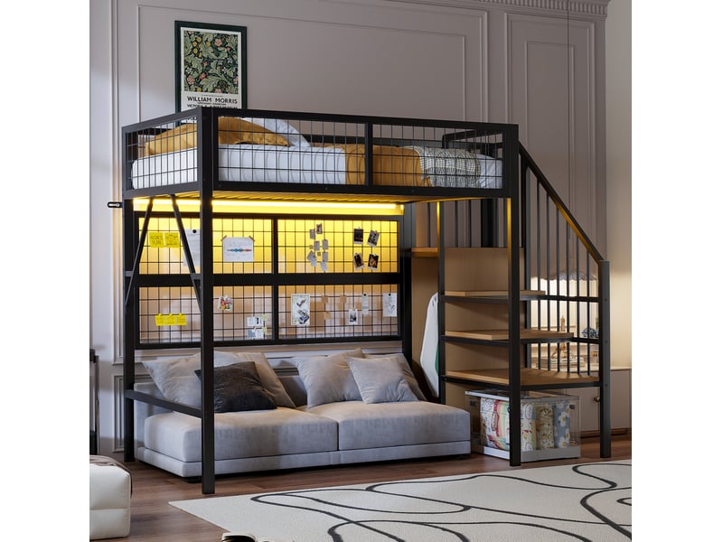  Lit mezzanine 90x200 cm avec escalier de rangement et led, noir  - Conforama C