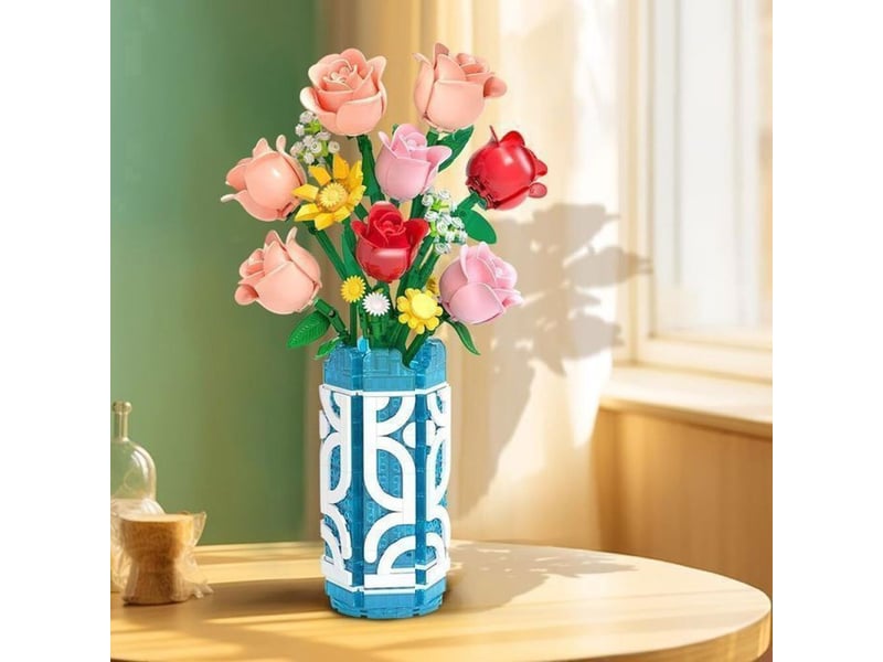  Kit bouquet de fleurs en briques mini 705 pieces avec vase bleu et leds 151498_AAANO10823_6_DROPFR - Conforama D
