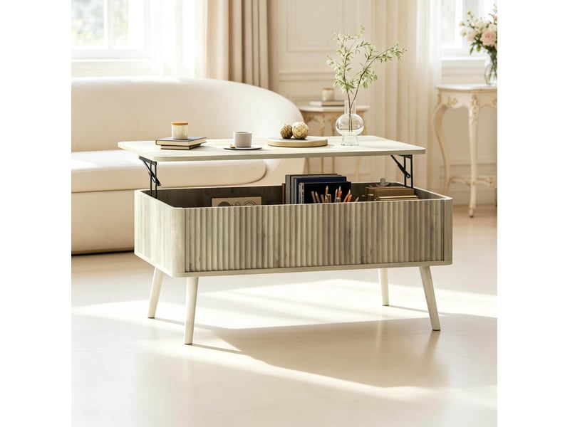  Table basse relevable avec rangement, plateau ajustable, mdf et pieds en pin, finition chêne  - Conforama E