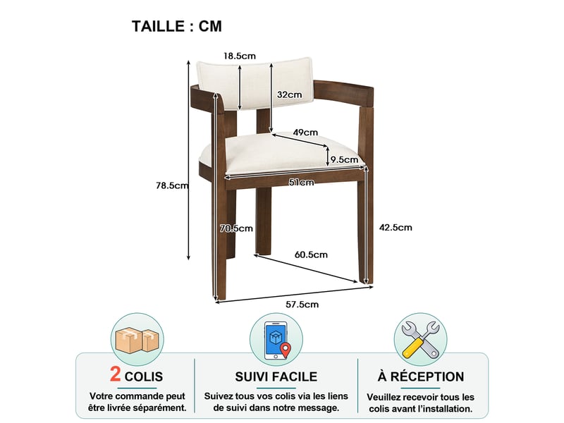 Lot de 4 chaises de salle à manger avec accoudoirs, assise en lin et structure en bois, couleur noyer - Conforama D