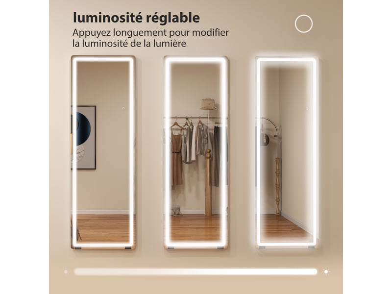  Miroir sur pied avec led 150 x 50 cm, 3 couleurs, dimmable, verre trempé 4 mm, fonction de mémoire, transparent  - Conforama E