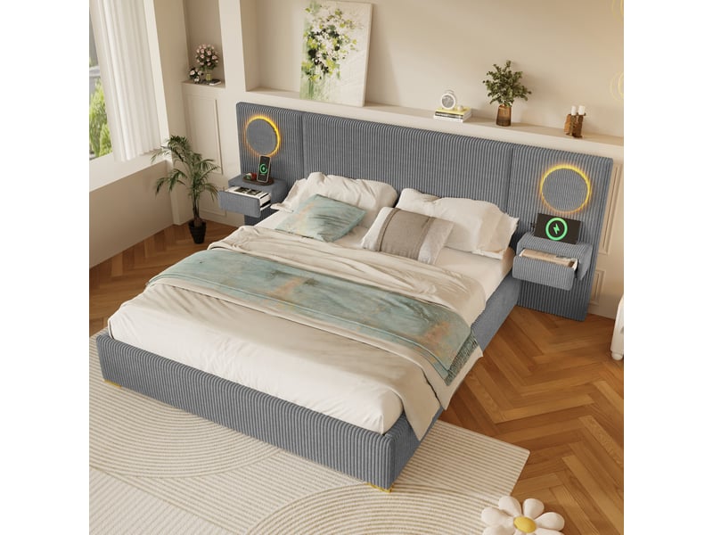 Lit double 180 × 200 cm avec tête de lit led, prises usb et tables de chevet à tiroirs en velours gris pour chambre - Conforama E
