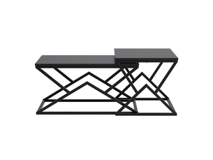 Table basse géométrique moderne noire, plateau bois, structure métal, style industriel