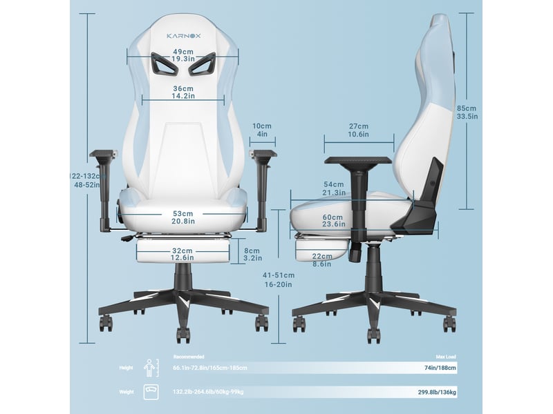  Fauteuil gamer blanc et bleu en cuir régénéré avec repose-pieds, dossier inclinable 90-155°, idéal pour le bureau  - Conforama C