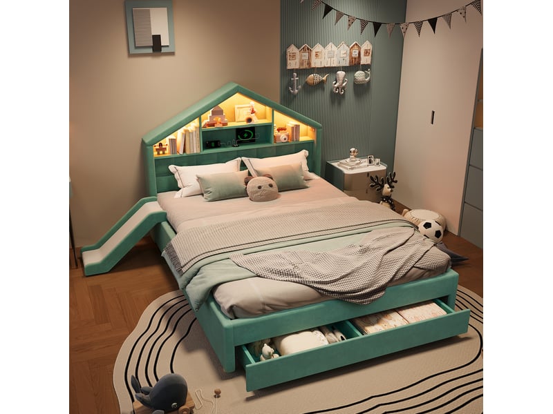  Lit enfant 140 x 200 cm bleu-vert avec toboggan, éclairage led, prise de charge, étagères et coffre de rangement  - Conforama C