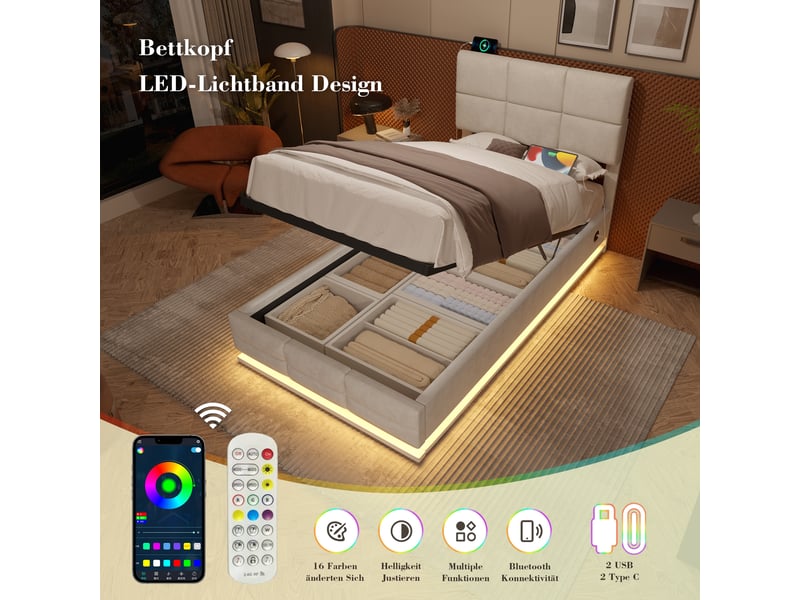 Lit coffre rembourré 90x200 cm beige en velours, led, usbtype-c, rangement xxl - Conforama B