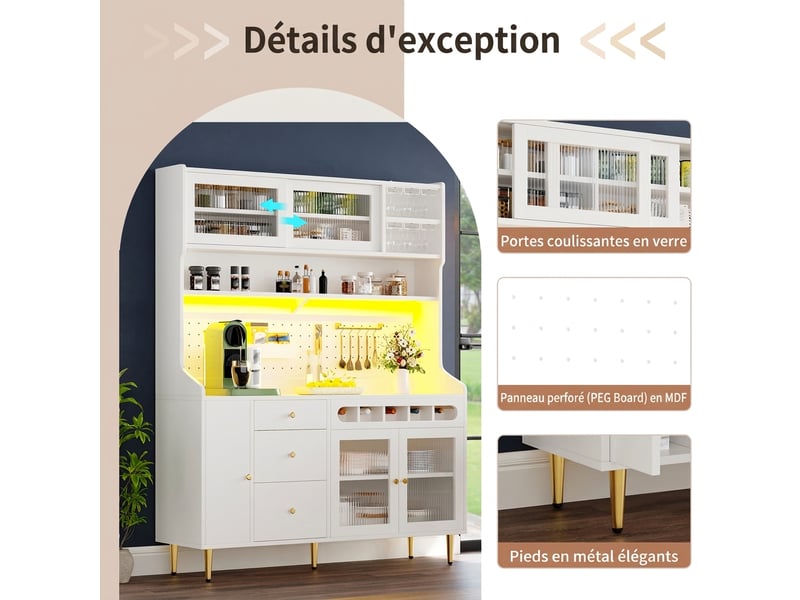 Armoire haute de salon et buffet de cuisine avec led, meuble de rangement blanc 145x39x171cm - Conforama B