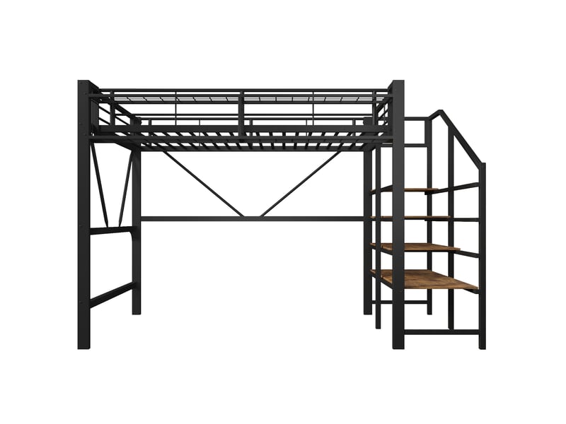  Lit mezzanine métal noir 140×200 cm avec étagères, panier et led  - Conforama A