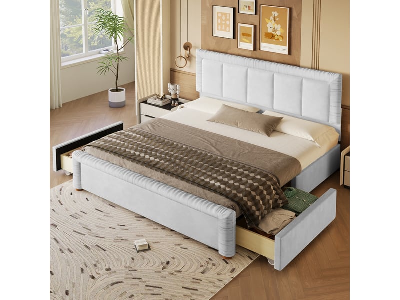 Lit adulte 180x200 cm en velours avec 2 tiroirs de rangement, tête et pied de lit rembourrés, pieds en bois - gris - Conforama B