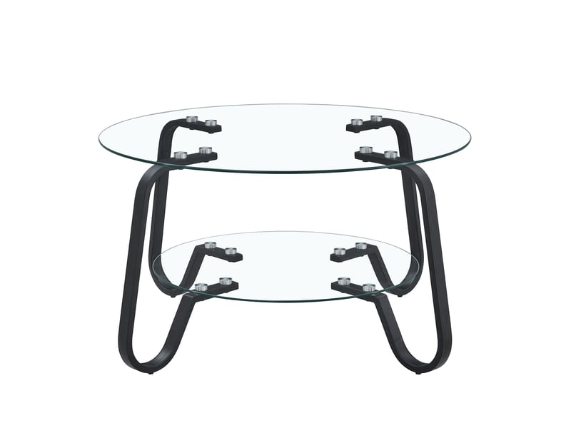  Table basse rétro minimaliste, verre trempé double niveau, cadre en métal, élégante pour salon  - Conforama A
