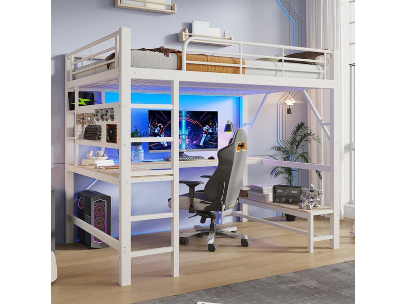  Lit mezzanine 160 x 200 cm – avec bureau -  barrières de sécurité et échelle – avec ports usb et type-c – avec éclairage led – blanc(matelas non inclus)  - Conforama D