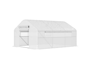 Serre tunnel 4 x 3 x 2 m avec 2 fenêtres, bâche en polyéthylène anti-uv et 1 porte enroulable zippée, blanche
