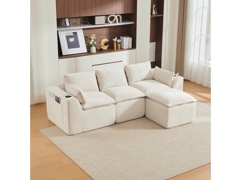 Canapé modulable 3 places en velours côtelé beige avec pouf - 256x161x75cm - porte-gobelet et poches - Conforama B
