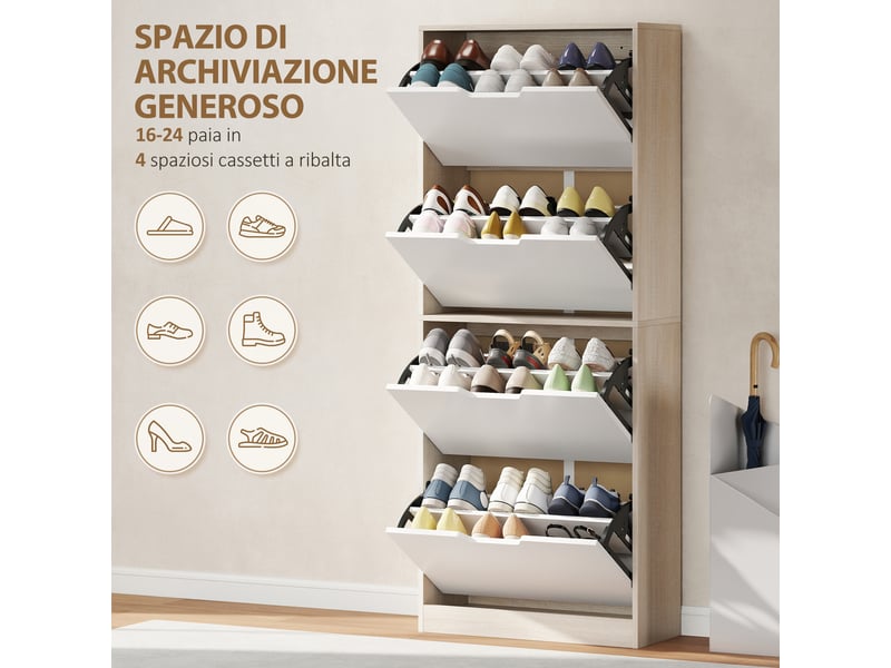  Étagère à chaussures mince et peu encombrante avec 4 tiroirs pour 20 paires de chaussures, 62,5 x 26 x 156 cm, bois et blanc  - Conforama E